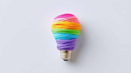 A vibrant light bulb wrapped in colorful yarn showcases creativity and innovation, perfect for design projects or inspiring art concepts.の素材