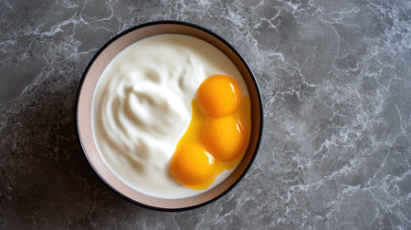 A visually appealing arrangement of three fresh eggs resting on a creamy yogurt base in a bowl on a textured gray surface. This setup highlights the simplicity and freshness of natural ingredients. Perfect for culinary enthusiasts and food photography.の素材