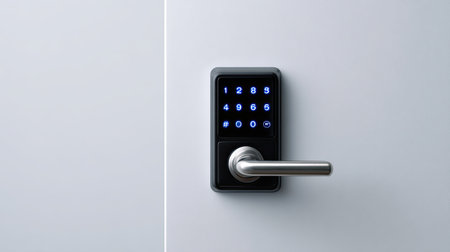 A modern digital door lock featuring a keypad and metallic handle, set against a minimalist white door background, ensures secure access and convenience.の素材