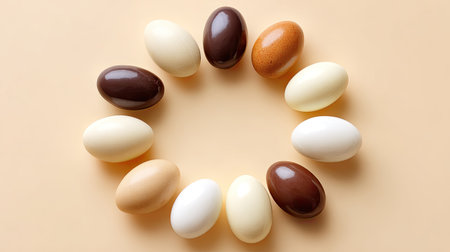 This visually appealing image features an artistic arrangement of vibrant chocolate eggs on a soft beige background, perfect for spring celebrations and creative projects.の素材
