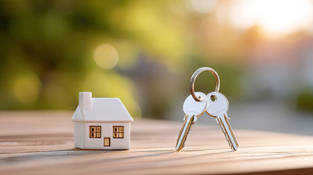A miniature house model alongside two keys on a wooden surface creates a warm feeling of homeownership and real estate possibilities in a garden setting.の素材