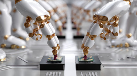 This captivating image showcases a futuristic assembly line where robotic fingers intricately connect circuit boards, symbolizing advanced technology and automation.の素材