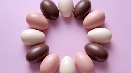A delightful composition of colorful eggs in shades of pink and brown arranged in a circle on a soft pink background, perfect for spring celebrations.の素材