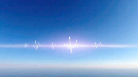 This image features an abstract representation of sound waves across a clear blue sky, creating a serene and tranquil atmosphere over an ocean view.の素材