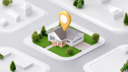 This 3D illustration features a modern house marked with a location pin in a minimalist urban setting, ideal for real estate and mapping applications.の素材