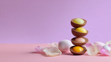 This vibrant image showcases a playful arrangement of colorful chocolate eggs with creamy fillings, elegantly stacked on a soft pastel background.の素材