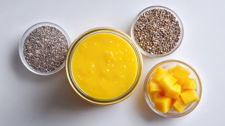 A vibrant mango smoothie bowl takes center stage, surrounded by chia seeds and fresh mango cubes, ideal for healthy enjoyment and presentations.の素材