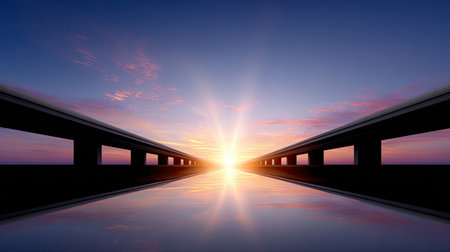A breathtaking sunrise casts vibrant colors across a peaceful highway. The serene water below reflects the beauty of the dawn, creating a stunning visual.の素材