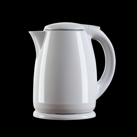 This image features a modern electric kettle in a smooth white finish, showcasing a sleek ergonomic design set against a black background, perfect for kitchen scenes.の素材