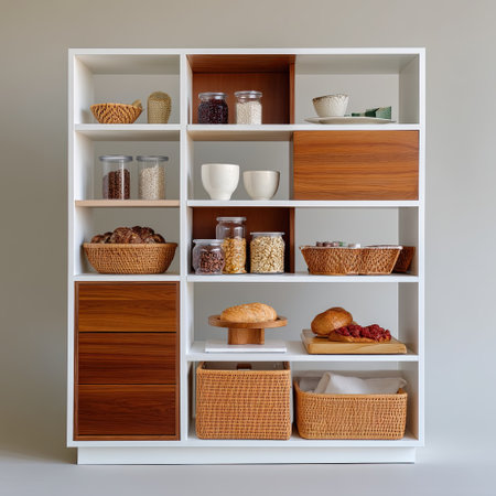 This modern kitchen storage unit showcases an organized display of baskets, jars, and decorative items, enhancing a minimalist home aesthetic.の素材