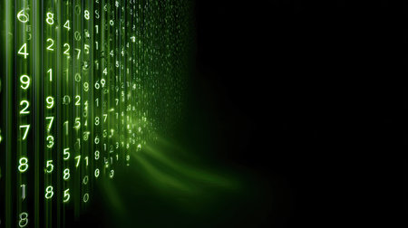 This image showcases a captivating flow of green binary code cascading against a dark background, representing the essence of digital technology and data processing.の素材