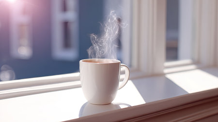 A serene scene featuring a white mug of steaming coffee resting on a windowsill, capturing the essence of a cozy morning. Soft sunlight filters through, creating a tranquil atmosphere perfect for relaxation.の素材
