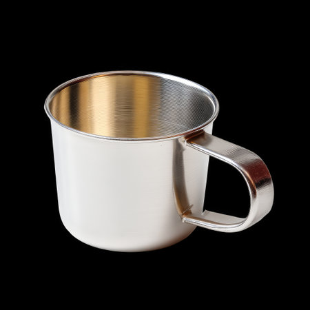 This image features a sleek stainless steel cup with a simple design, ideal for beverages or outdoor activities, set against a solid black background.の素材