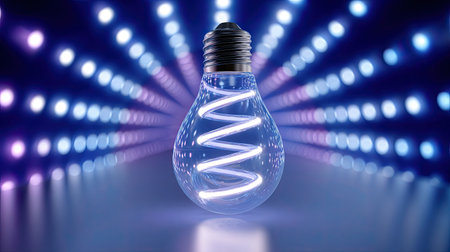 This captivating image features a glowing light bulb with a unique spiral design, set against a vibrant and colorful background, symbolizing innovation and energy.の素材