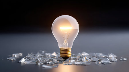 A captivating image of a lit light bulb resting on shards of shattered glass, symbolizing creativity and the contrast between fragility and enlightenment.の素材