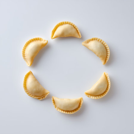 A visually appealing arrangement of uncooked dumplings on a white background, showcasing a modern and minimalistic culinary presentation.の素材