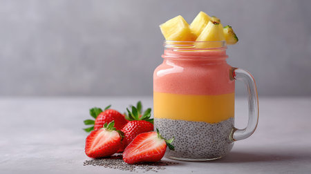 This vibrant layered smoothie features chia seeds, fresh strawberries, and pineapple, creating a refreshing and healthy drink perfect for any occasion.の素材