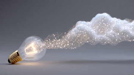 This artistic image features a light bulb emitting a sparkling cloud of energy, symbolizing creativity and imagination. The glowing effect illustrates innovation.の素材