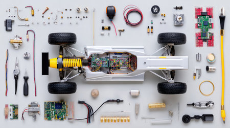 Overhead view showcasing an array of remote control car components and tools arranged neatly, perfect for hobbyists and tech enthusiasts.の素材