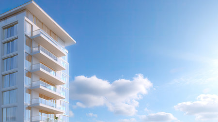 A striking modern residential building featuring glass balconies under a clear blue sky, perfect for showcasing contemporary urban living.の素材