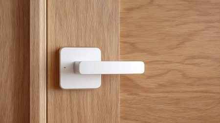Close-up view of a modern white door handle mounted on a natural wooden door, showcasing minimalist design and elegant craftsmanship, perfect for contemporary interiors.の素材