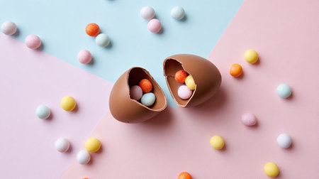 A charming image of a broken chocolate egg revealing colorful candies on a soft pastel background, perfect for festive celebrations and sweet treats.の素材