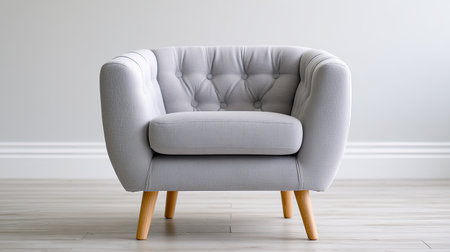 This image features a modern gray armchair with tufted detailing and wooden legs, perfect for enhancing any living space with comfort and style.の素材