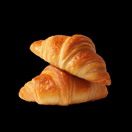 Two freshly baked croissants with a golden, flaky texture resting against a black background, ideal for showcasing culinary delights or breakfast treats.の素材