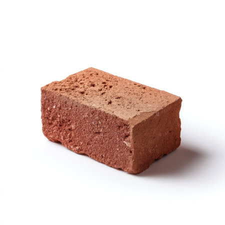 A single red brick is displayed against a crisp white background, highlighting its textured surface and solid form, ideal for construction and design projects.の素材