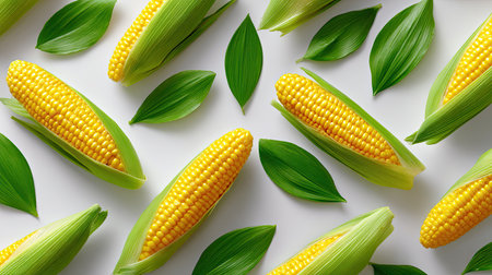 This visually appealing image showcases fresh yellow corn and lush green leaves artfully arranged on a white background, perfect for culinary illustrations or seasonal themes.の素材