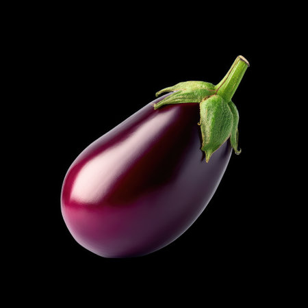 A fresh eggplant with a rich purple color and glossy surface sits against a black background, highlighting its natural charm and culinary potential.の素材