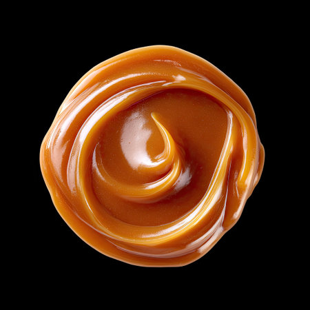 A beautifully crafted swirl of smooth and glossy caramel sauce on a black background, ideal for culinary projects and food photography.の素材