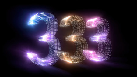 A stunning visual of the digital number 333, featuring vibrant neon colors and shimmering light effects against a dark backdrop, perfect for modern themes.の素材