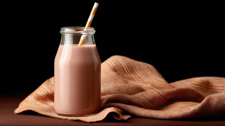 A delightful glass jar filled with creamy chocolate milk, topped with a striped straw, set on a cozy fabric background. Perfect for indulgence.の素材