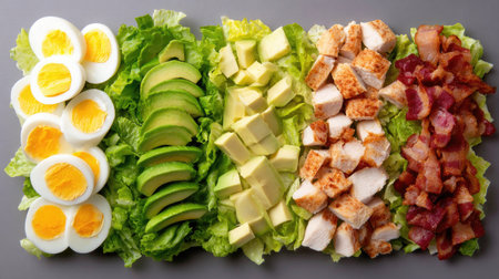 A visually appealing salad featuring layers of sliced eggs, creamy avocado, diced chicken, and crispy bacon on crisp lettuce leaves. Perfect for a healthy meal.の素材