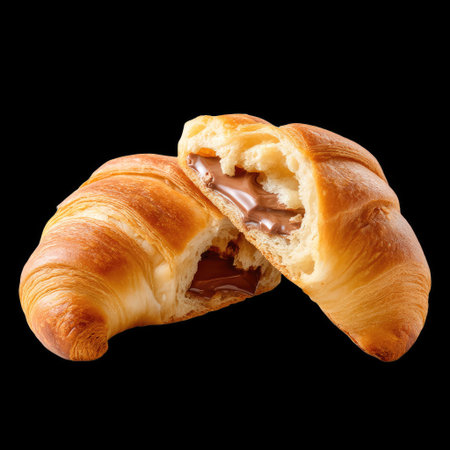 A freshly baked croissant cut in half reveals a rich chocolate filling, showcasing its flaky layers and golden crust. Perfect for breakfast or a snack.の素材