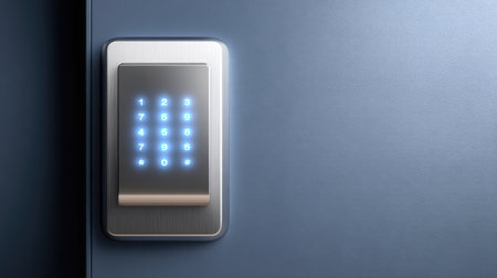 A close-up of a modern electronic keypad lock mounted on a sleek wall, featuring illuminated numeric buttons for enhanced security and convenience.の素材
