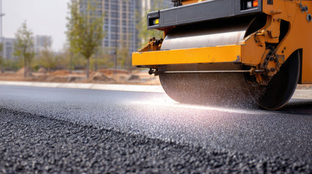 A heavy roller compresses freshly laid asphalt in an urban construction site, highlighting the crucial phase of road development and maintenance operations.の素材