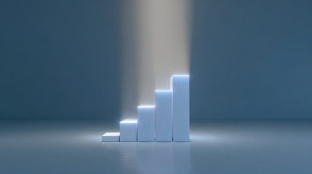 This image features illuminated growth bars in a gradient, representing success and progress in a business context. The light beam highlights potential achievement.の素材
