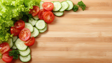 Vibrant display of fresh tomatoes, cucumbers, and lettuce arranged aesthetically on a wooden surface, ideal for promoting healthy cooking and salads.の素材