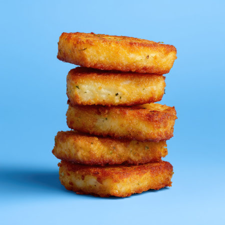 A vibrant stack of crispy golden potato cakes arranged on a bright blue background, showcasing the perfect snack or side dish option for any meal.の素材