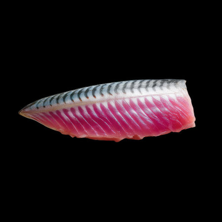 This image showcases a freshly sliced mackerel fish fillet, highlighting its pinkish skin and distinct striped texture against a dramatic black background.の素材