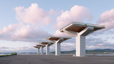 This image showcases a striking modern urban landscape featuring concrete pillars against a picturesque sky, reflecting the beauty of architecture and nature.の素材