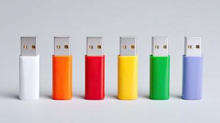 A vibrant collection of six colorful USB flash drives set against a light background, showcasing modern technology and functionality in data storage solutions.の素材