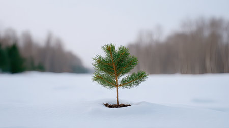A small evergreen seedling stands alone in a snowy landscape, symbolizing resilience and hope amidst winter's cold grip. The soft snow contrasts with the vibrant green of the young tree.の素材