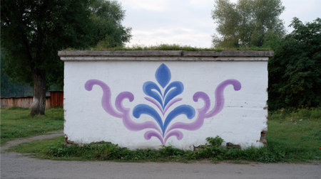 This striking abstract floral mural showcases vibrant colors against a white wall, surrounded by lush greenery and gravel roads, evoking artistic charm.の素材