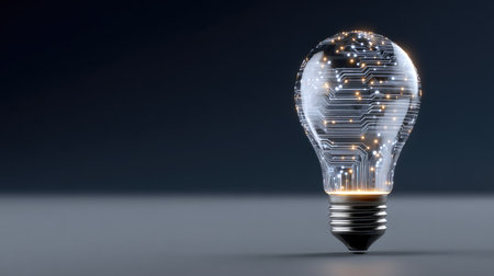 This striking image depicts a futuristic light bulb featuring intricate circuit designs, representing innovation and technology in a contemporary setting.の素材