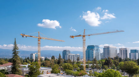 A vibrant construction site features two tall cranes set against a clear blue sky, showcasing ongoing urban development and modern architecture beneath.の素材