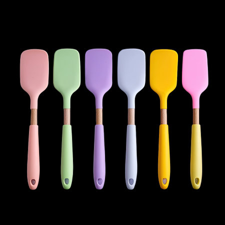 A vibrant collection of silicone spatulas in soft pastel colors, perfect for cooking and baking. These kitchen utensils add a cheerful touch to your culinary experience.の素材