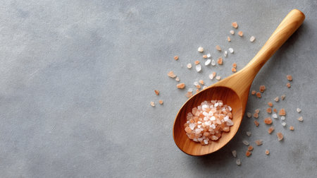 A beautiful wooden spoon filled with pink Himalayan salt rests on a neutral background, perfect for culinary use and food styling in beautiful presentations.の素材